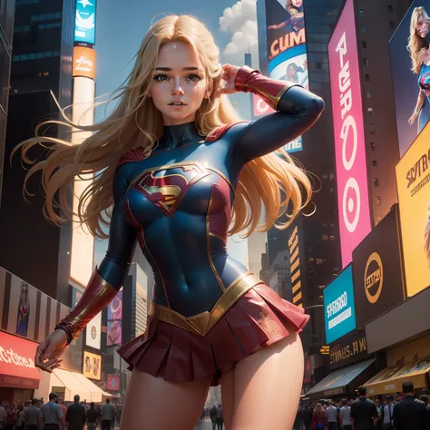 na cidade de nova york, time square, mulher bonita cabelo curto corpo definido seios grandes, vestindo cosplay de supergirl