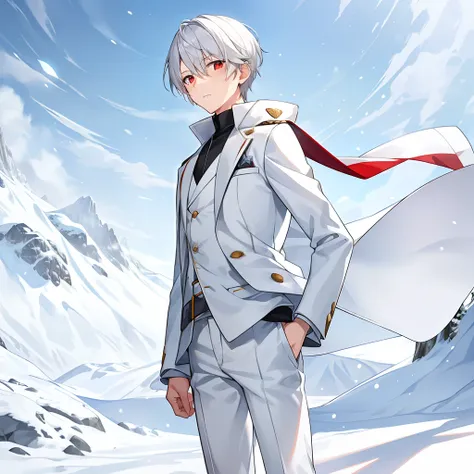 snow field，boy，white suit，18yr old，silvery hair，red eyes