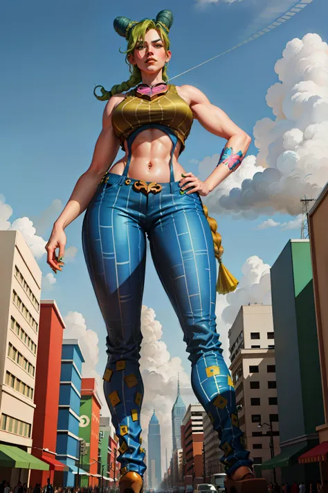 masterpiece, best quality, 1girl, solo, giant, giant, (((towering over you)))), (full body), 1girl, jolynejojo, half body, digital art, masterpiece, green and blue hair, cropped, sleeveless, wearing pants