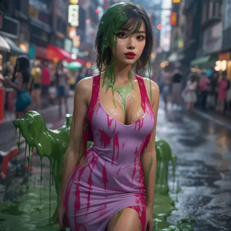8k, hd, masterpiece, CG unity, ultra detailed, hyper realistic, extreme realism, 21-year-old Japanese model, 1 woman, tan skin, thick eyeliner, long eyelashes, red lipstick, short wavy hair, skimpy dress, cleavage, city street, (slime dripping down head: 1...