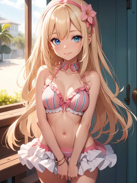 （top quality ultra-detailed cg art、upper body naked、bikini with pink stripes：１.２）、sand beach、a blond、glossy hair、smooth hair、lar...