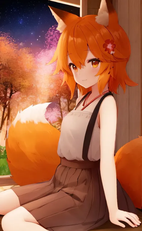 sen, animal ears, fox ears, fox girl, fox tail, flower for hair, hair ornament, orange eyes, orange hair, short hair hair, tail,...