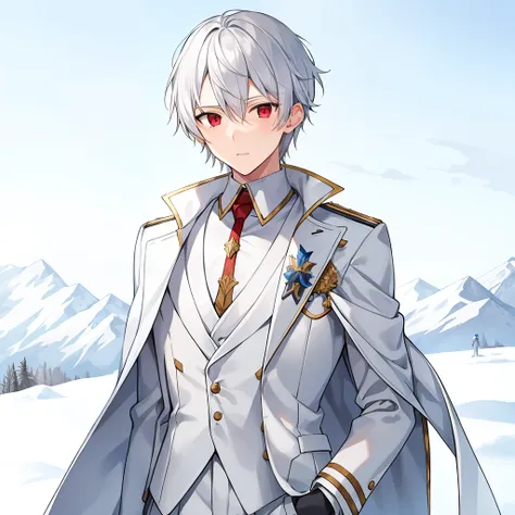 snow field，boy，white suit，18yr old，silvery hair，red eyes，tmasterpiece