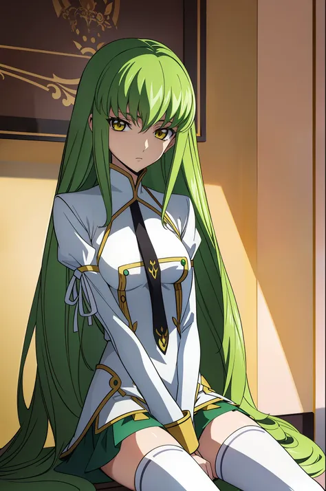 codegeass c.c., 1girl, green hair, mini skirt, long hair, medium breasts, upper body, looking at viewer, solo, thigh, white thig...