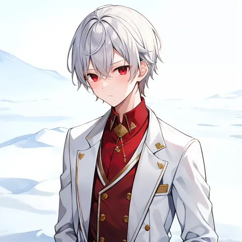 snow field，boy，white suit，18yr old，silvery hair，red eyes，tmasterpiece，red vest