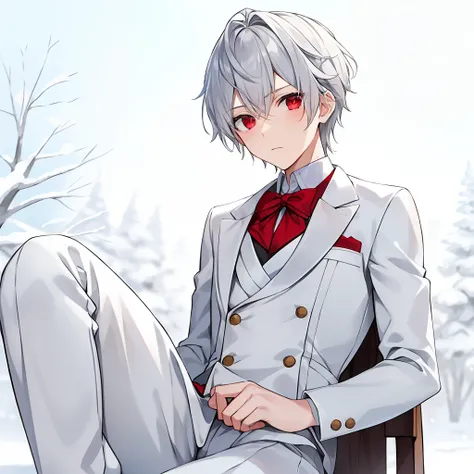 snow field,Boy,White suit,18yr old,Silvery hair,Red eyes,tmasterpiece,Red vest