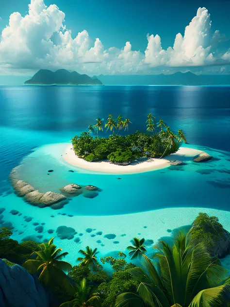 arafed island with palm trees and a sandy beach, tropical island, epic matte painting of an island, island in a blue sea, an isl...