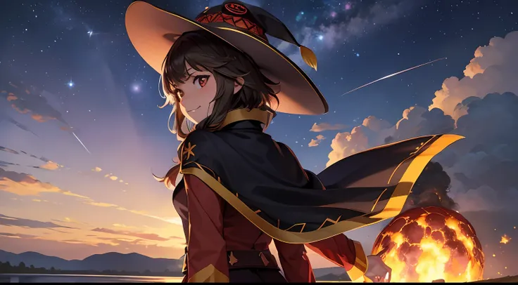 (best quality), (masterpiece), (realistic,) (photo-realistic), ultra-detailed, 
1girll,(back),grin,solo,
aromatic,megumin's styl...