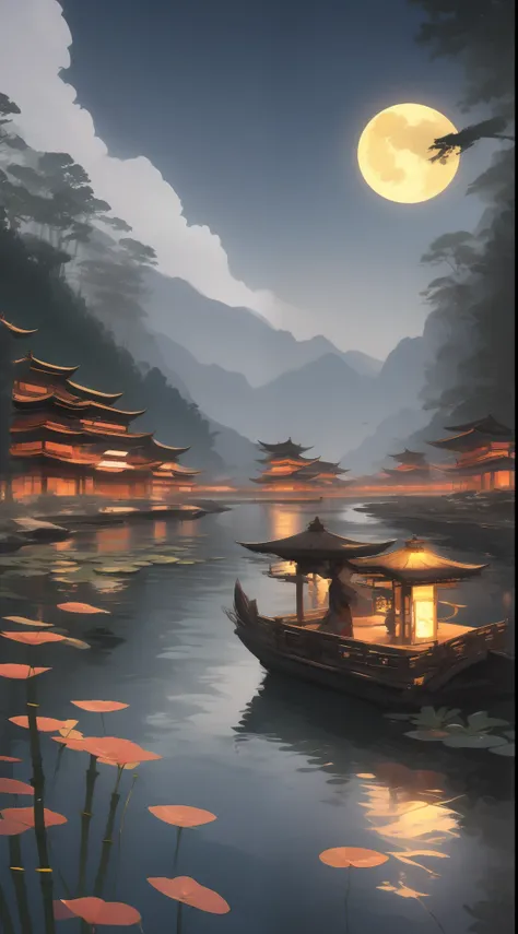 masterpiece, best quality, chinese martial arts style, an asian night scene with lanterns and water lilies, asian lagoon with la...