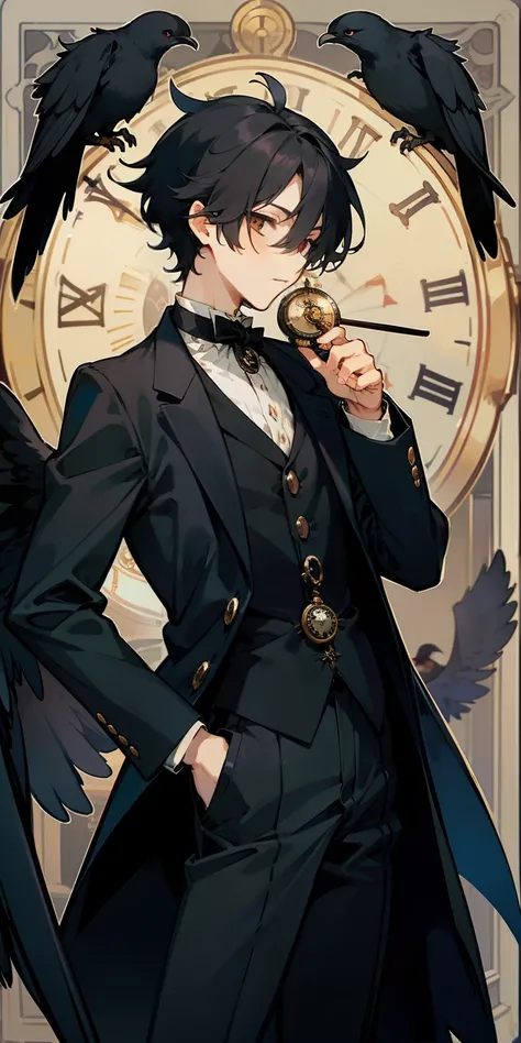 Black-haired boy,monocle,pocketwatch,Night,cawing ravens