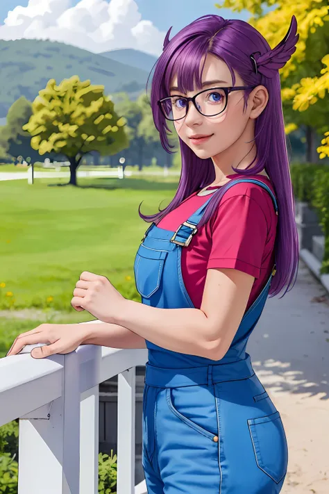 8K,(Masterpiece:1.4)(Best quality:1.4),(Top quality), 1girll,Glasses,Blue eyes, Long hair,Purple hair, ssmile,Short sleeves, wing cap , Red shirt,Blue overalls, Village, Outdoors, view the viewer, solofocus, (Shiny skin) ,