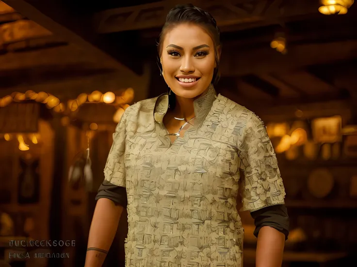 a portrait photo of   CallingBull smiling, tattoo, ((((fUkrainian folk dress)))), pronounced feminine feature, insane details, intricate details, hyperdetailed, complex background, medieval tavern, indoor, in the style of greg fredericks