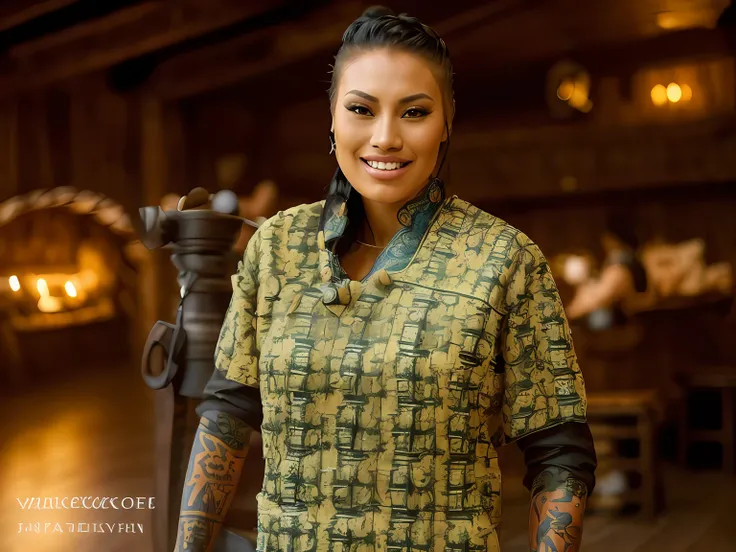a portrait photo of   CallingBull smiling, tattoo, ((((fUkrainian folk dress)))), pronounced feminine feature, insane details, intricate details, hyperdetailed, complex background, medieval tavern, indoor, in the style of greg fredericks