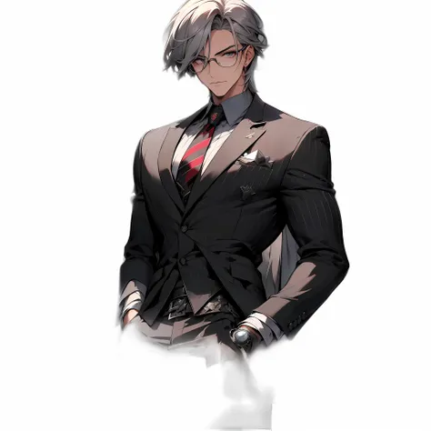 hyper-high detail，light gray thick hair，black framed glasses men，wearing a gorgeous black suit，black pants，black leather shoes，a...