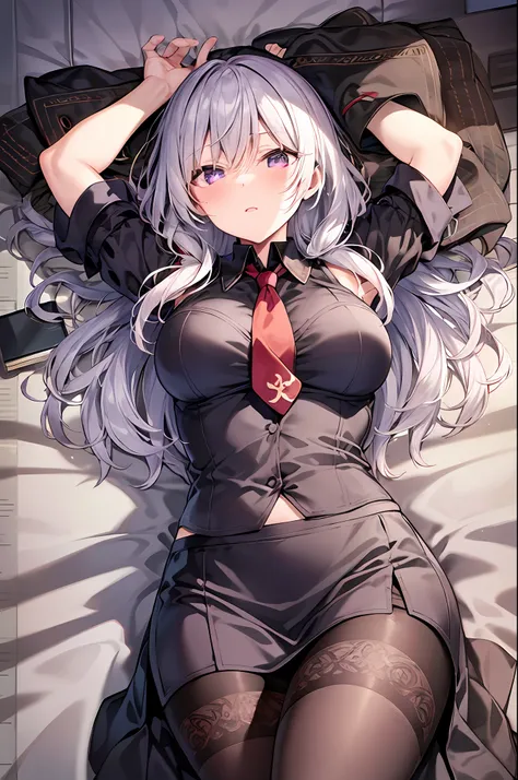 1elaina, purple eyes, black shirt, silver hair, red necktie, lying, on back, bed, arms up, military uniform, small breasts, penc...