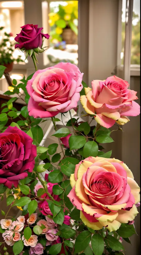 there are many roses of different colors in the bushes outside, rosette, a few roses, pastel roses, flowers blooming, beautiful ...