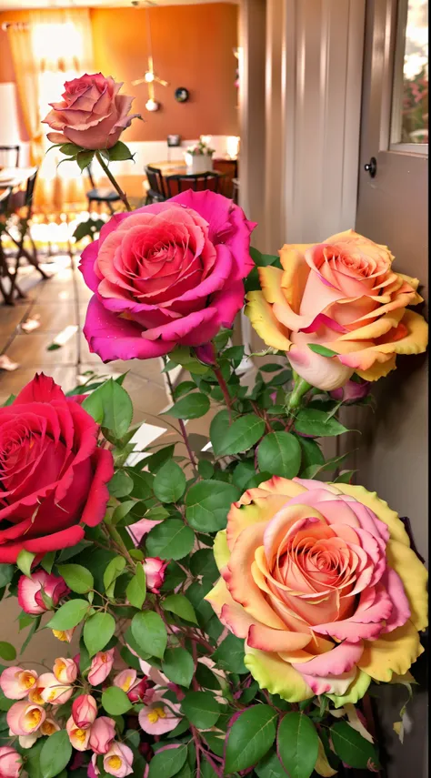 there are many roses of different colors in the bushes outside, rosette, a few roses, pastel roses, flowers blooming, beautiful ...