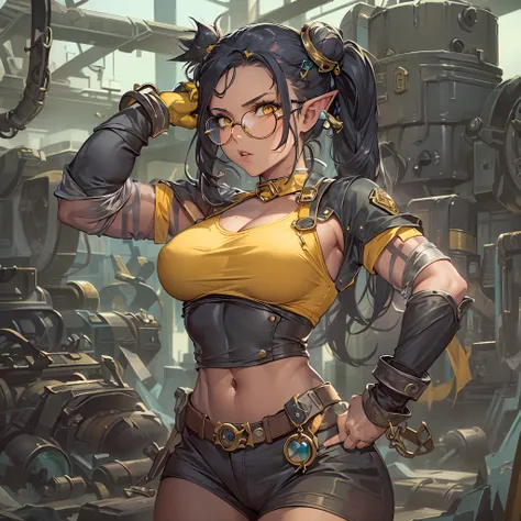 dirty female elf mechanic, 1girl, (solo:1.5), full body shot, busty boobs, wearing a sexy tightly leotard, black hair, yellow ey...