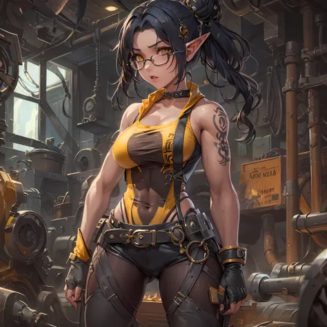 dirty female elf mechanic, 1girl, (solo:1.5), full body shot, busty boobs, wearing a lewd leotard, black hair, yellow eyes , mus...