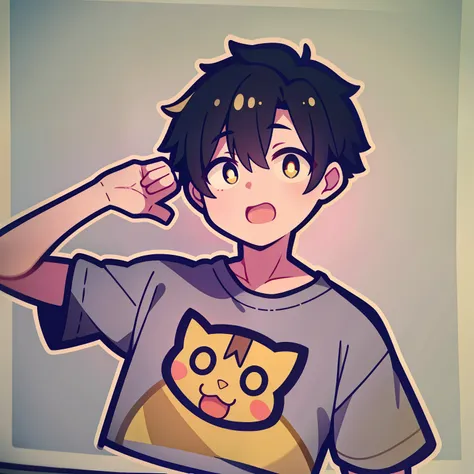 a boy with short black hair and yellow pupils yawns q printmaking style