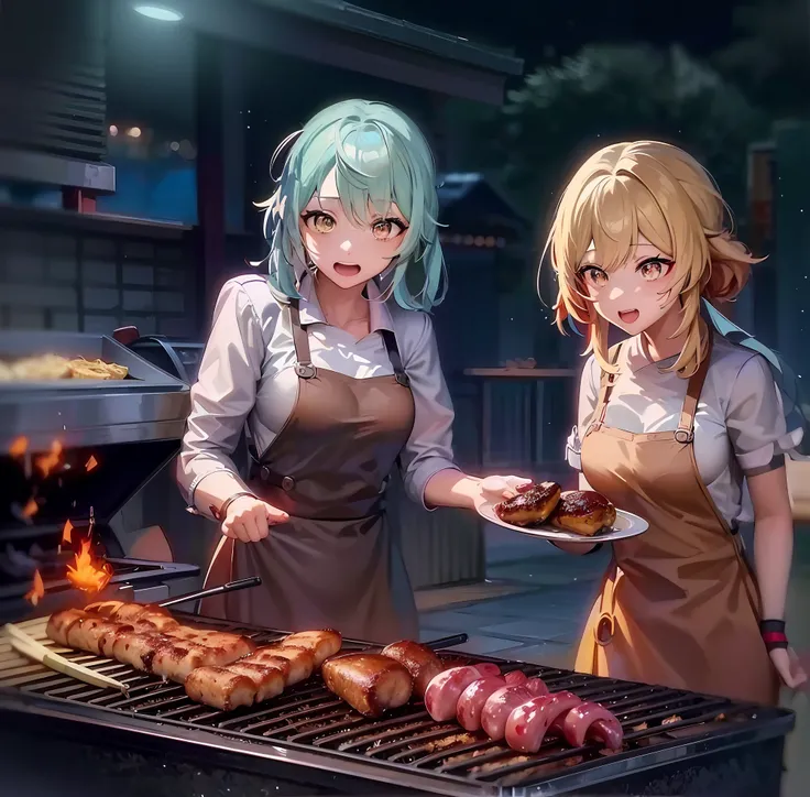 Anime characters cooking on the grill with meat and hot dogs, cooking it up, Cooking, anime food, Kantai Collection Style, two beautiful anime girls, serving burgers, BBQ, artwork in the style of guweiz, girls frontline style, ❤🔥🍄🌪, anime moe art style, An...