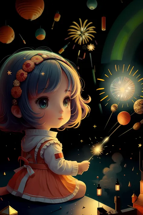 1girl,aerial fireworks, astronaut, aurora, milk way, festival,   chibi,  fisheyes, masterpieces, top quality, best quality, offi...