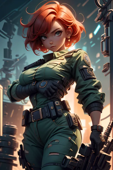 anime pose, portrait, police girl, police girl on jail, short sexy hair, lots of red hair, floating hair, wearing female police ...