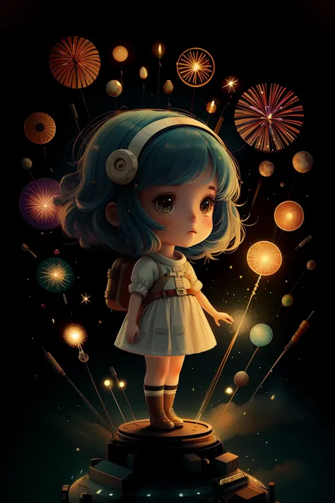 1girl,aerial fireworks, astronaut, aurora, milk way, festival,   chibi,  fisheyes, masterpieces, top quality, best quality, offi...