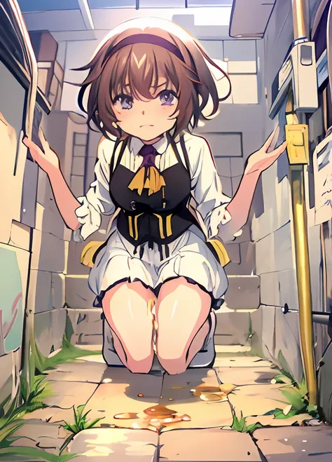 nnsfw,kazuki standing up and peeing, pee is yellow,oshikko,omorashi,peeing,urine,urination,urinate,elegant outfit, short brown h...