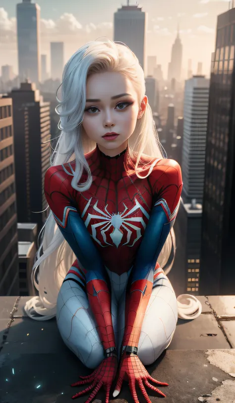 4k, realistic, carismatic, very detail, there is a girl on top city, wearing spiderman costum, she is a spiderman, white super hero theme, white long hair, 25 years old, full body