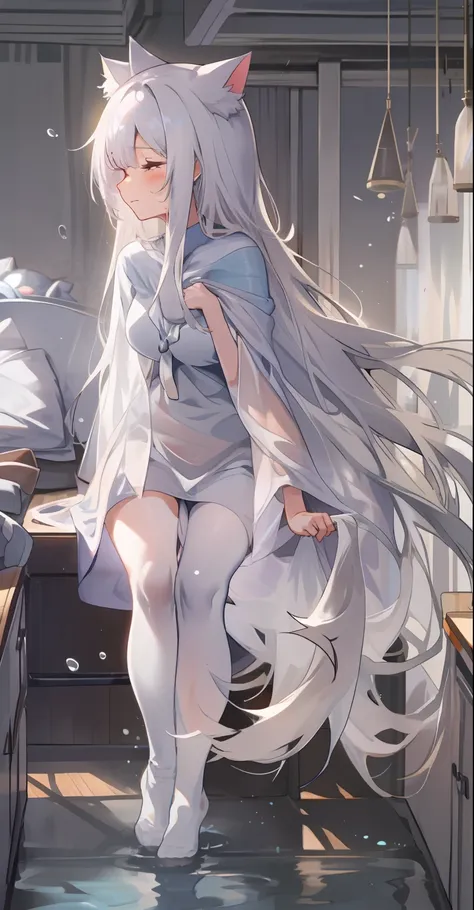 white-haired loli in tight white socks,long flowing hair， tights, absolute realm， sexy look, see - through, clear curvy details,...