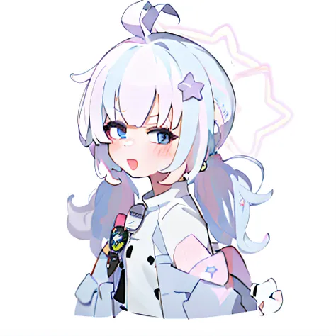 cartoon drawing of a girl with a ponytail and a blue jacket, smol, cute character, neferpitou, shikamimi, white haired, she has ...