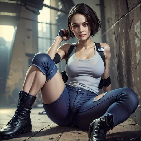 1girl, zotovalentine, smile, tank top, shoulder holster, athletic, (black jeans:1.2), (black boots), sit on the floor, beautiful...