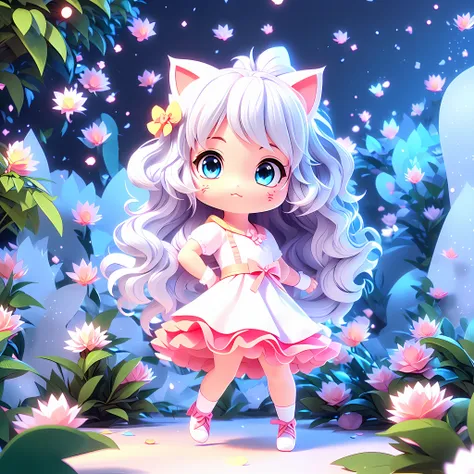 1girl, animal ears, tail, chibi, white hair, cat ears, solo, cat tail, long hair, hair ornament, cat girl, virtual youtuber, dre...