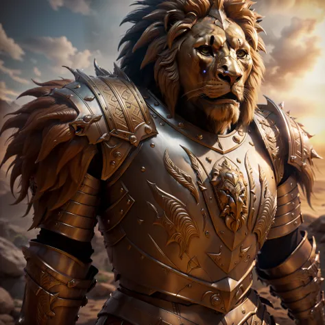 a humanoid lion warrior with glorious armor with lots of detail in the armor, detailed lionskin, detailed lion angry eyes, reali...