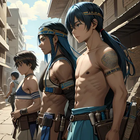 un grupo de 3 amigos cabello color azul, are 13 and 14 years old, They are side by side ready to fend off the enemy army as they invade the city 14 years of blue hair..., The 14-year-old boy with straight hair with his back uncovered and his chest bare but...