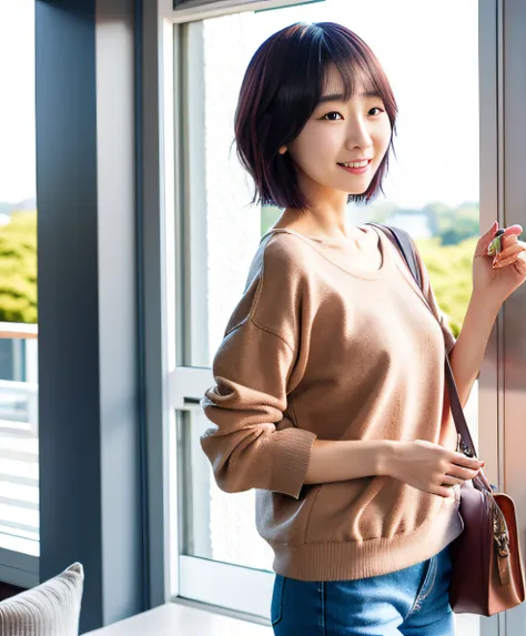 woman in alafe standing in front of window with purse, casual clothing style, korean female fashion model, fully body photo, ful...