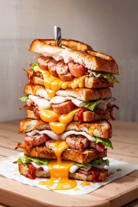 masterpiece, high quality, best quality, sandwich with sausage and grilled cheese, foodphoto,