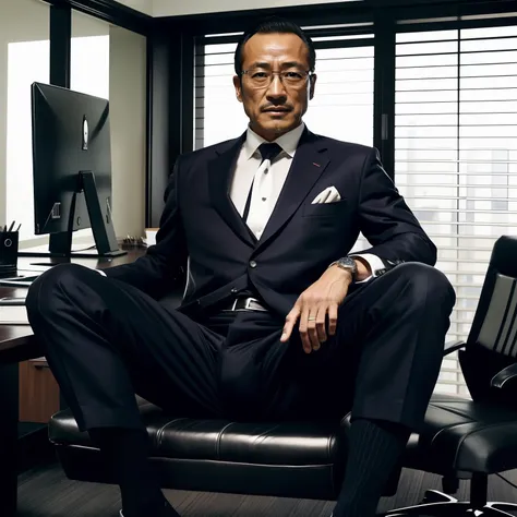 50yearsold，hidetoshi nakata，（kogoro mouri 1.3），shirtless，tong，bulge，office room，black long socks，thin，musculature，lbeard，fortitu...