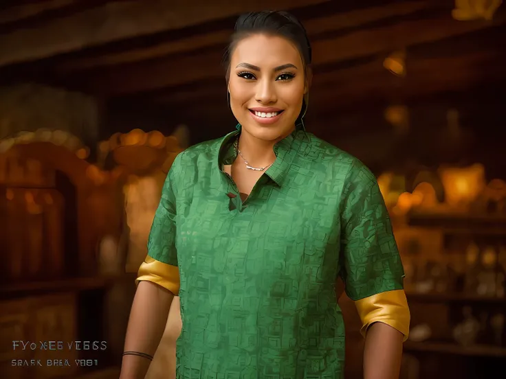 a portrait photo of   CallingBull smiling, tattoo, ((((fUkrainian folk dress)))), pronounced feminine feature, insane details, intricate details, hyperdetailed, complex background, medieval tavern, indoor, in the style of greg fredericks