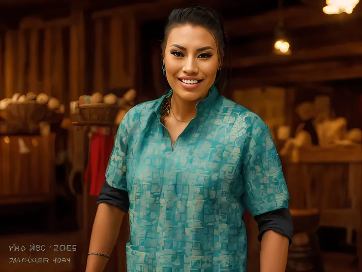 a portrait photo of   CallingBull smiling, tattoo, ((((fUkrainian folk dress)))), pronounced feminine feature, insane details, intricate details, hyperdetailed, complex background, medieval tavern, indoor, in the style of greg fredericks