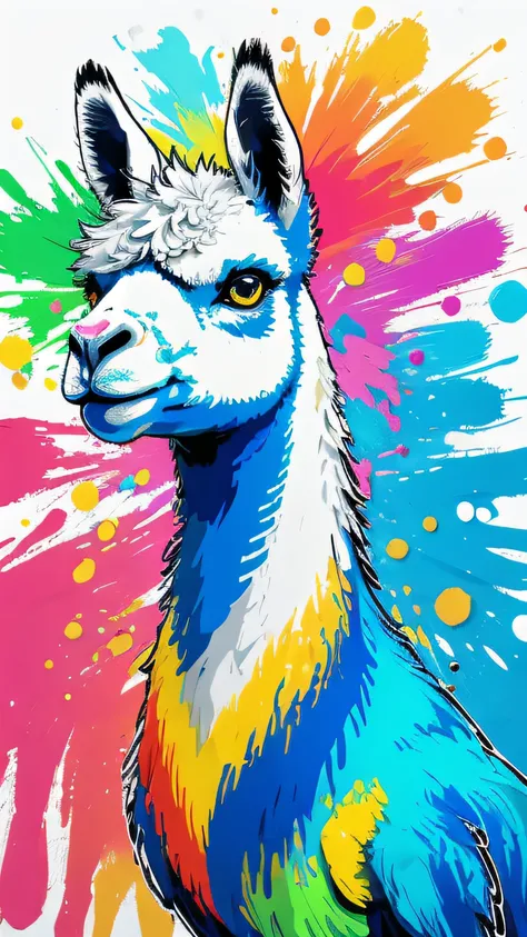 extreme quality, cg, detailed face+eyes, (bright colors), splashes of color background, colors mashing, paint splatter, complimentary colors, electric, neon, llama, programmer, laptop impatient, (limited palette), masterpiece, fine art, upperbody