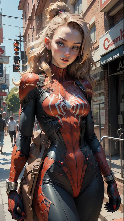 beautiful woman detailed defined body using spider man cosplay, small breasts