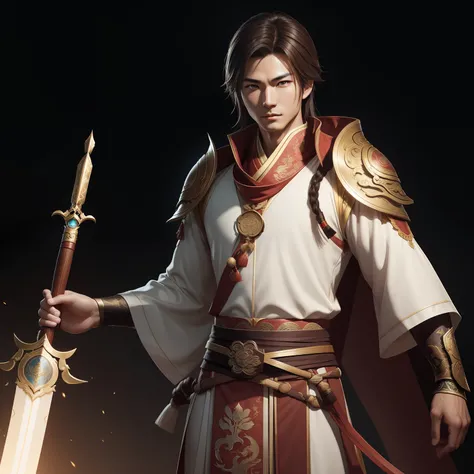 a close up of a young man in his 30s with brown eyes and brown hair, a hero in wuxia style, handsome guy, martial artist holding a bo staff, standing in a chinese monastary, new costume concept design, in the style of blade and soul, concept art of a monk,...