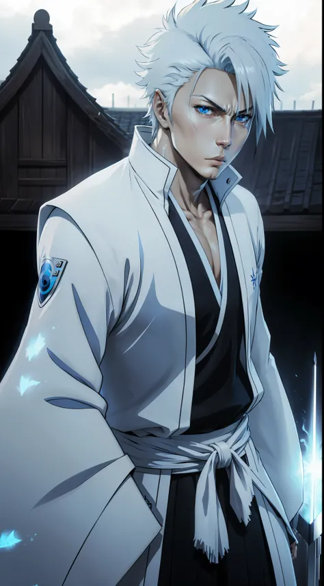 bleach anime character, quincy, white and blue clothes using a magic arrow