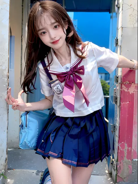 shoot bob hair、high school girls、(((summer school uniform)))、white shirts、blue striped tie、short sleeve、dark blue prill skirt、wa...