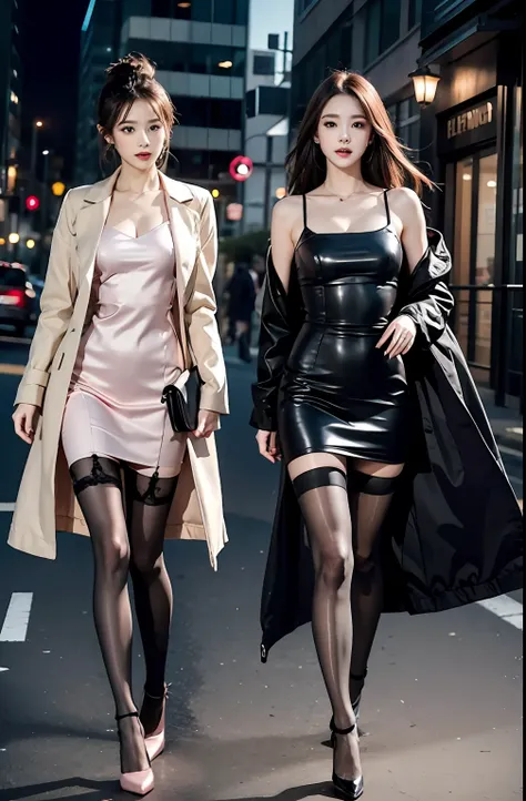 pink slip dress，s delicate face，slender leg，black lence stockings，high-heels，wind coat