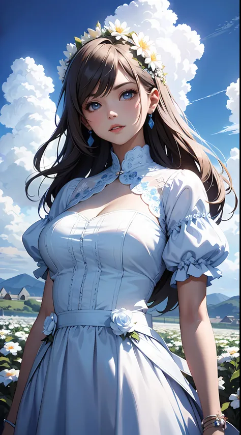 a woman in a white dress，blue sky and clouds in background, wearing blue dress，there are flowers on it, art germ, rosla global l...