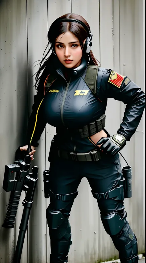 a 25 year old indian woman in a black outfit holding a rifle and wearing headphones, face like tamanna Bhatia, soldier girl, mechanized soldier girl, military girl, beautiful female soldier, female lead character, infantry girl, of a sniper girl in war, so...