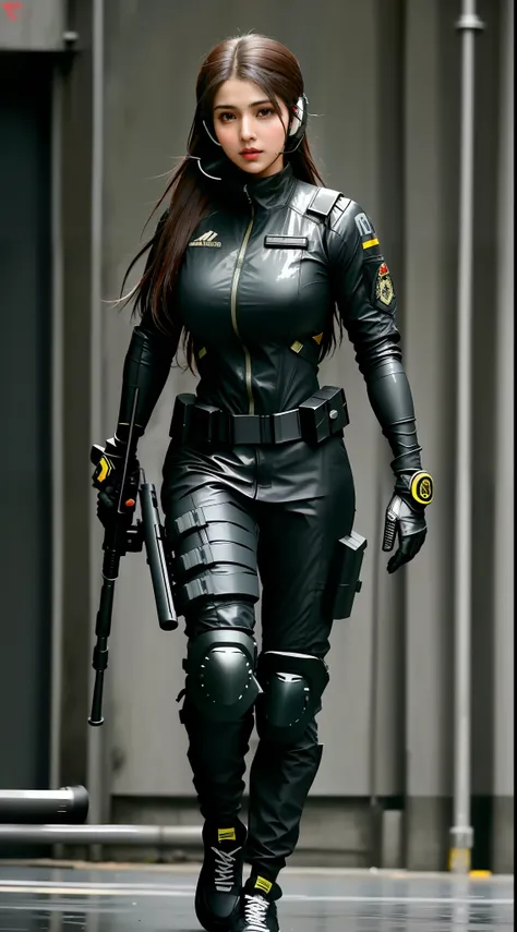 a 25 year old indian woman in a black outfit holding a rifle and wearing headphones, face like tamanna Bhatia, soldier girl, mechanized soldier girl, military girl, beautiful female soldier, female lead character, infantry girl, of a sniper girl in war, so...